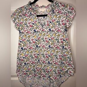 MELLODAY White Floral Button-Up Top with Pink, Yellow & Green Accents